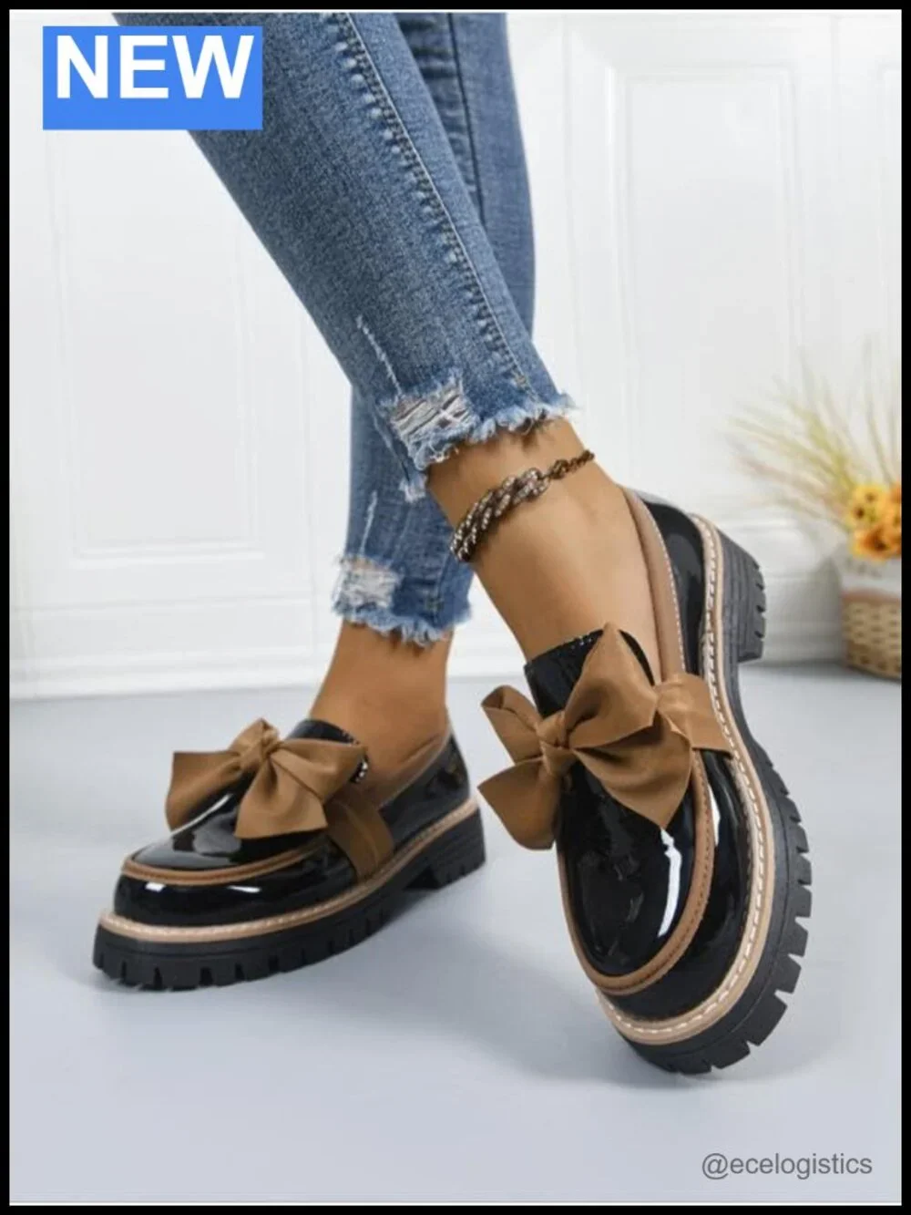 Bowknot Thick Sole Loafers, Work Office Business Casual Patent Leather Dress